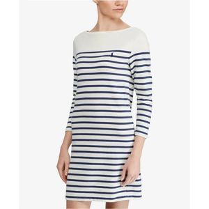 Polo Ralph Lauren Striped Cotton Jersey Dress Navy Blue & White 3/4 Sleeve Sz S
